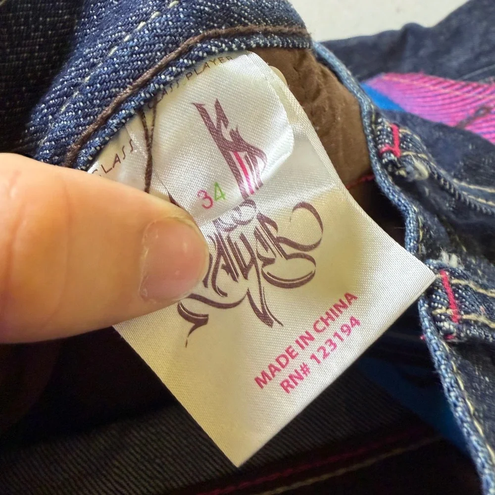 Class Player by Playerz Mens 34‎ Skeleton Embroidered Dark Wash Y2K Denim Jeans